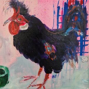 John Coupie Clarke - painting of a funky rooster by Sue Dewhurst